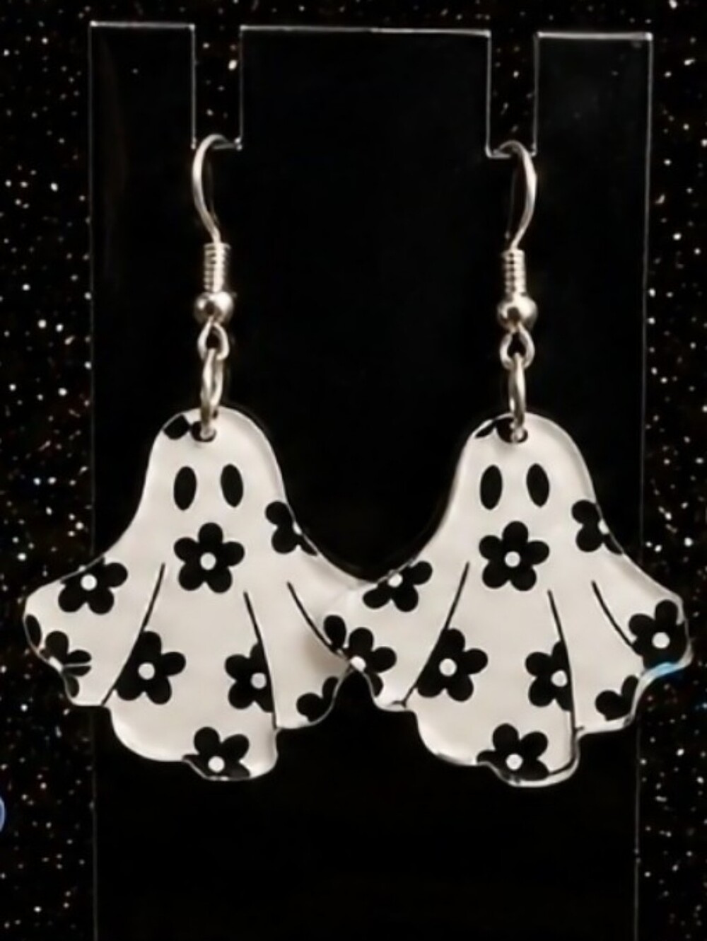 Black and White Floral Ghost Drop Earrings - Women's Fashion Jewelry